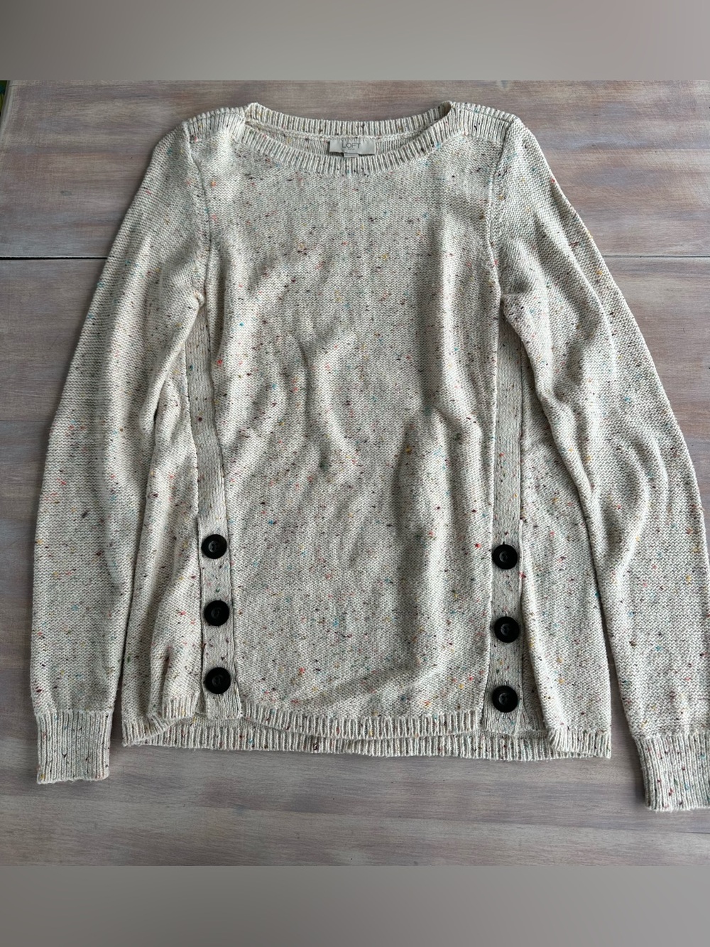 LOFT cozy Cream Speckled Crewneck Sweater with Side Buttons S